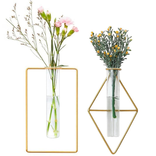 yaocoral 2 Pack Nordic Wall Vase Hanging Geometric Gold Flower Vase Wall Mount Metal Frame Vases Hydroponic Glass Bud Vase Decor for Home Wedding Farmhouse