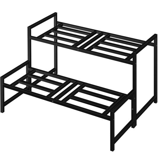 Lilybud--lily Plant Stand Indoor Outdoor, 2-Tier Wrought Iron Plant Stands, Stackable Metal Plant Shelf Decorative Outdoor Flower Stand Heavy Duty Pedestal Stands for Garden Deck Living Room, Black