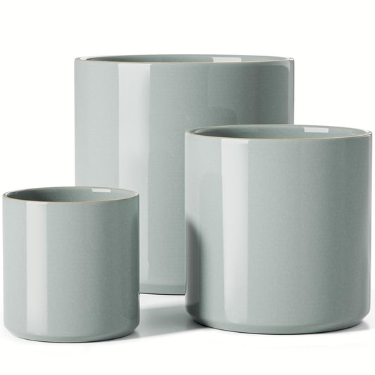LE TAUCI Ceramic Pots for Plants, 10/8/6 Inch Indoor Planters with Draiange Hole, Silicone Plug & Mesh Pad, Modern Minimalist Pots for Home Office, Set of 3, Glossy, Mist Gray