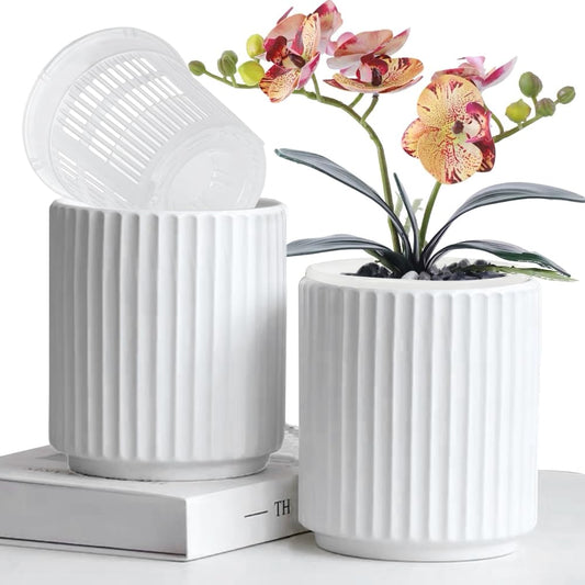 MUZHI Double Layer White Ceramic Orchid Planter with Saucer, Orchid Pots with Holes 4.6" Set of 2, Modern Minimal Cylinder Striped Plant Pot with Drainage 4.6” (White)