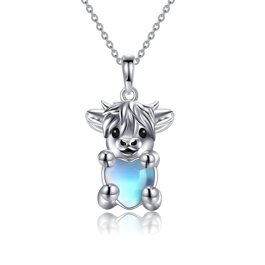 YAFEINI Highland Cow Necklace 925 Sterling Silver Moonstone Highland Cow Pendant Mother's Day Jewelry for Women Mom
