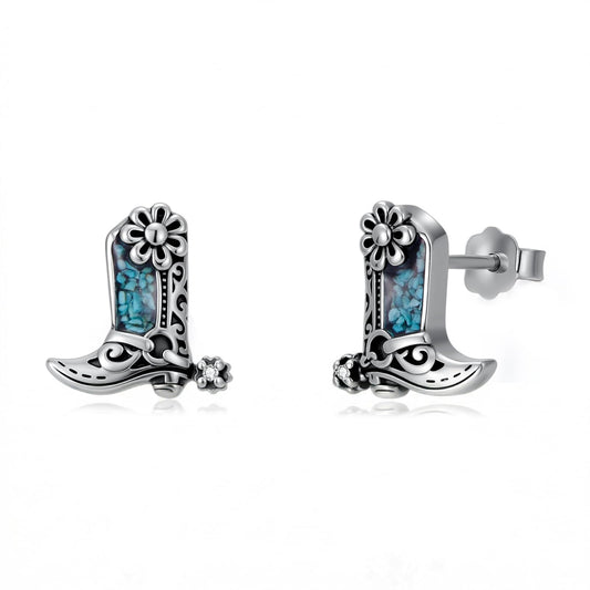 KoyeKei Cowgirl Boot Earrings 925 Sterling Silver Cowboy Texas Boot Stud Earrings Western Turquoise Cowboy Carter Jewelry Country Graduation Gifts for Mom Women