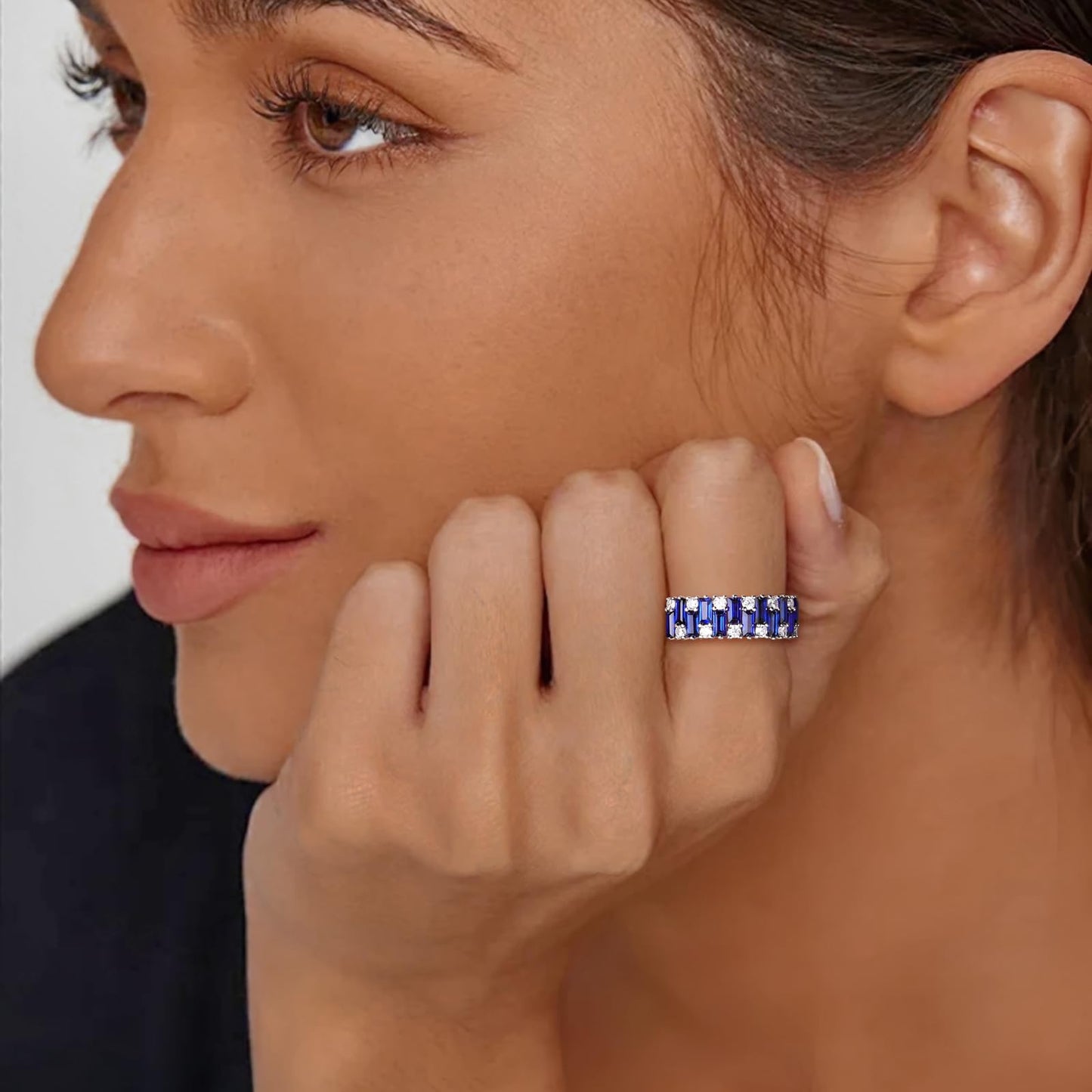 RANDES Blue Sapphire Ring Emerald Cut Eternity Band Sterling Silver Band Ring Cubic Zirconia Engagement Wedding Rings for Women Size 8