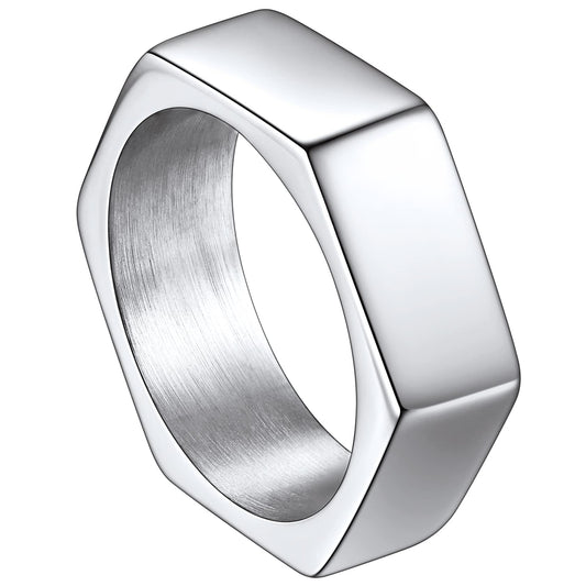 ChainsHouse Men's Punk Stainless Steel Gothic Screw Edge Hexagon Geometric Biker Ring Bands, Size 7