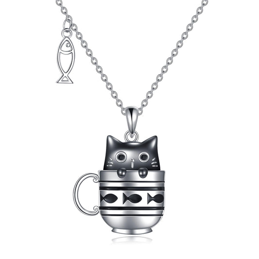 YAFEINI Black Cat Necklace S925 Sterling Silver Cup Cat Pendant Necklaces with Fish Cats Jewelry Gifts for Women Mom Wife Friends