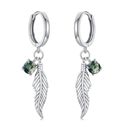Feather Moss Agate Earrings 925 Sterling Silver Moss Agate Dangle Drop Earrings Feather Jewelry Bohemian Gifts for Women