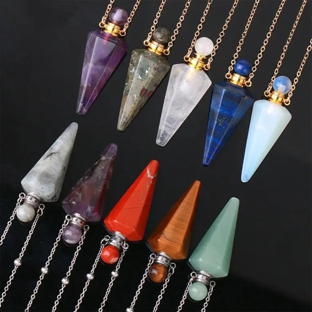 925 Sterling Silver Essential Oil Necklace For Women And Men, Natural Crystal Stone Cone Shape Pendant Necklace Healing Perfume Bottle Necklace Essential Oil Pendant Necklace (9 - Essential Oil Necklace)