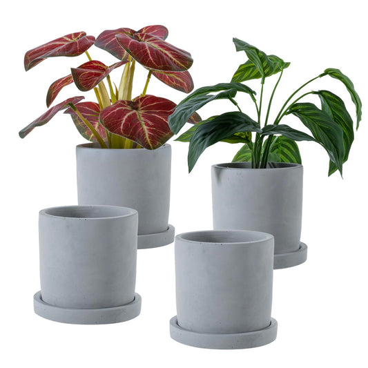 MyGift 4 Inch Unglazed Gray Concrete Planter, Cylindrical Cactus Herb Succulent Planter Pots with Removable Drainage Trays, Set of 4