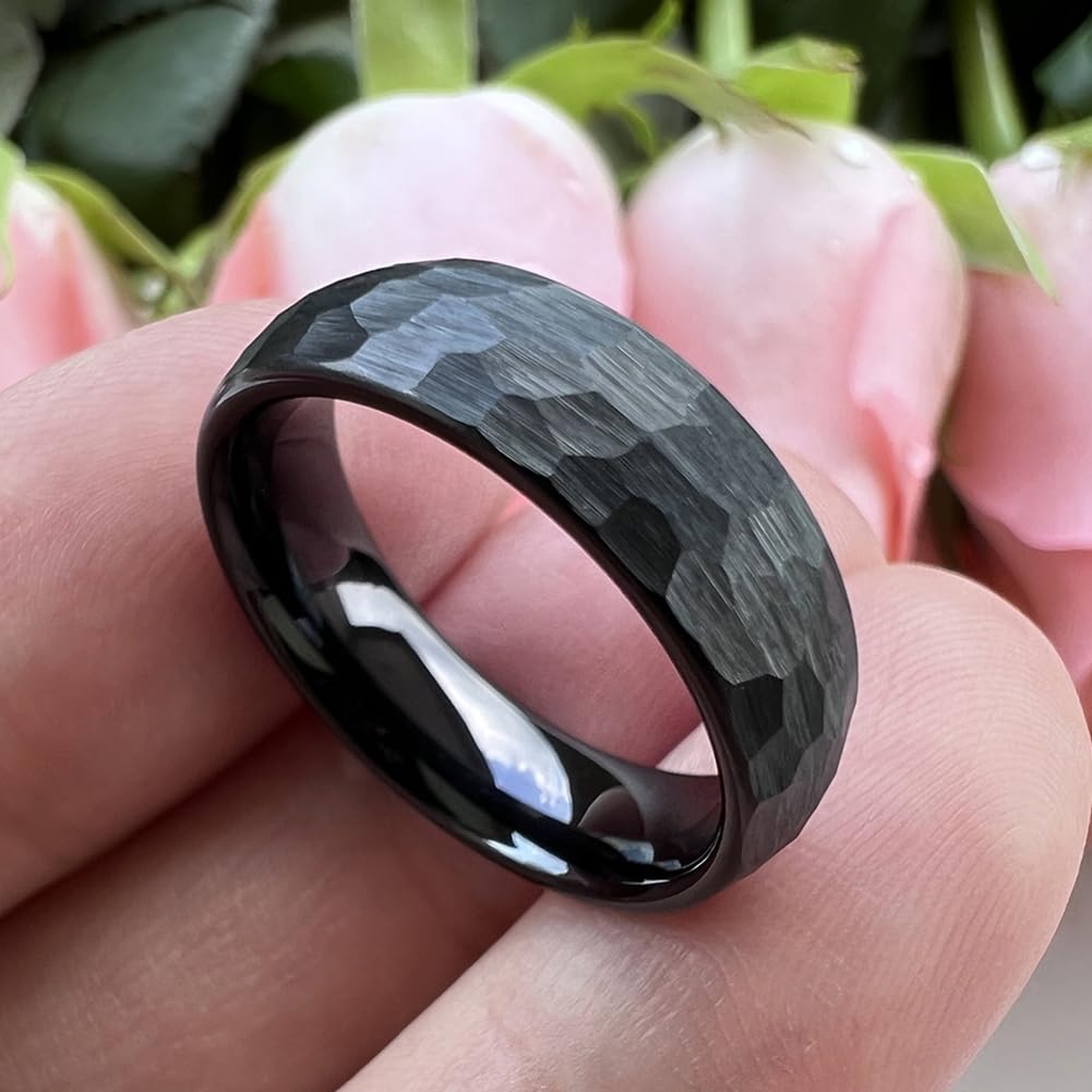 TUTISS 6mm Black Hammered Tungsten Carbide Rings for Men Women Engagement Wedding Bands Domed I Love You Engraved Comfort Fit Size 10
