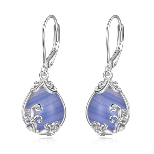 POPLYKE Blue Lace Agate Filigree Teardrop Drop Dangle Earrings Sterling Silver Crystal Leverback Earrings Jewelry for Women