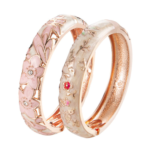 UJOY Colors Handcraft Jewelry Cloisonne Bracelet Enamel Hollowed Flower Bird Spring Hinged Womens Bangles Gifts Box 88A11-55C49 Cream Pink
