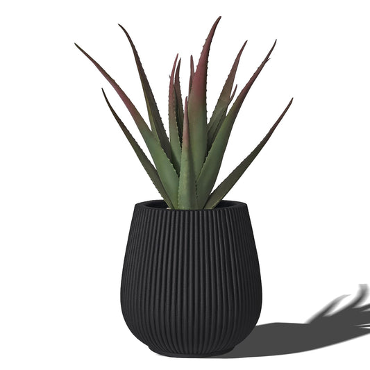 TerraDeco 16 Inch Handmade Concrete Outdoor Planter - Classic Striped Design | Fiberglass & Composite Material | Durable for Commercial & Home Decor (Black, Pear-Shaped)