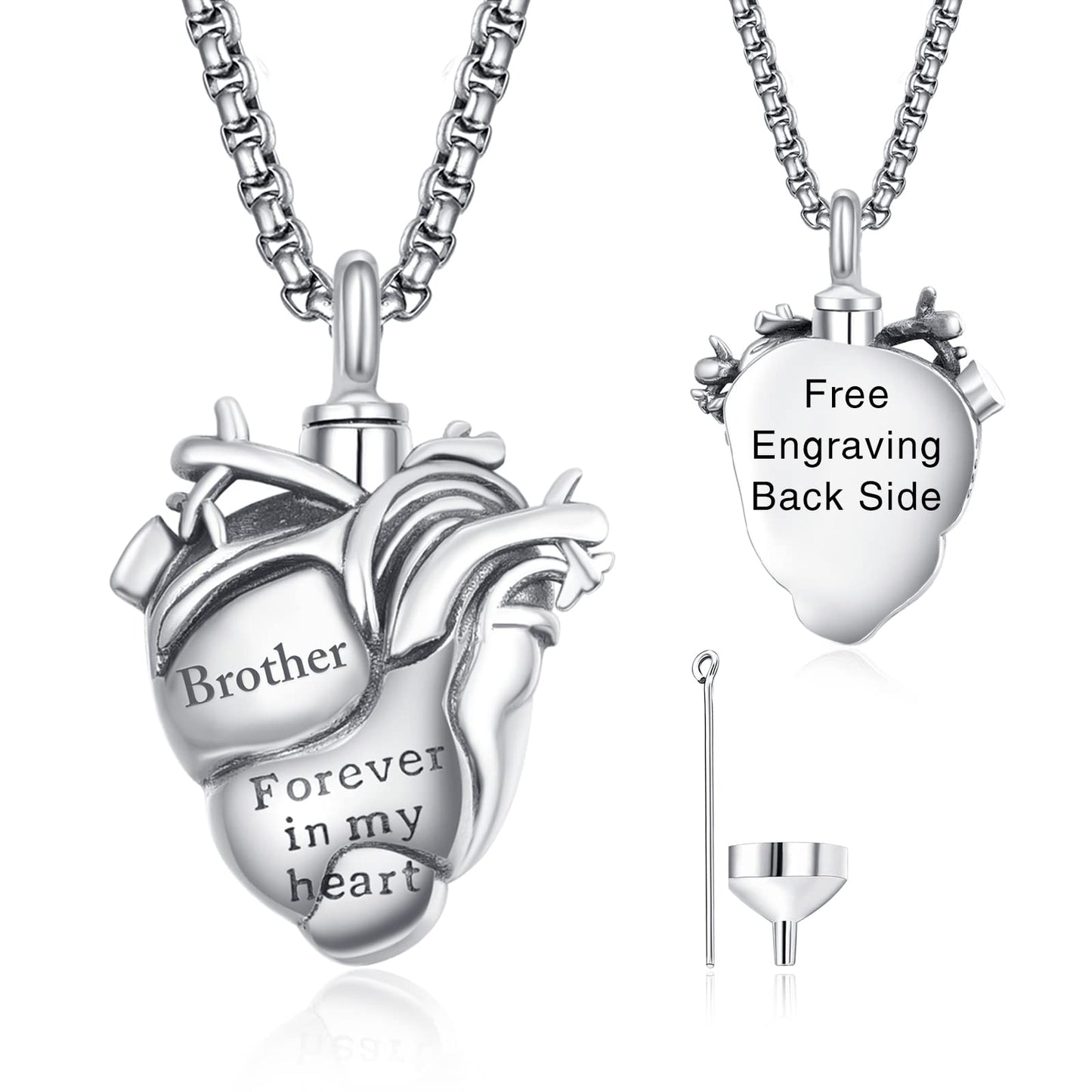 Personalized Anatomical Heart Urn Necklaces for Ashes Sterling Silver Ash Pendants Cremation Jewelry Brother Keepsake Pendant Memorial Jewelry Gifts for Loss of Brother