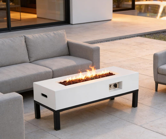 ECOTOUGE Rectangle Gas Fire Pit, 42 ''Outdoor Propane Firepit Table, Concrete Fire Table w/50,000 BTU Auto-Ignition,Shelves, Weather-Resistant Pit Cover, Lava Rocks, No Tank Holder, White