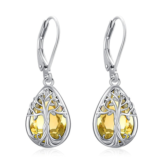 Eusense Tree of Life Dangle Citrine Earrings 925 Sterling Silver Teardrop Birthstone Earrings for Women Leverback Closure Tree of Life Jewelry Gift