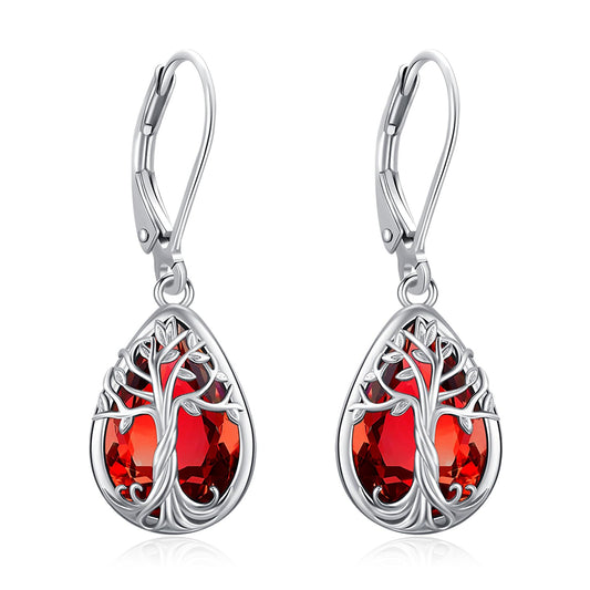 Eusense Tree of Life Earrings 925 Sterling Silver Garnet Birthstone Earrings Teardrop Dangle Leverback Earring for Women January Birthstone Jewelry