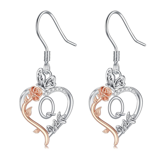 TOUPOP Rose Heart Initial Earrings Sterling Silver Butterfly Earring Initial Q Letter Drop Dangle Earrings Jewelry Anniversary Birthday Mothers Day Gifts for Women Mom Wife Girlfriend Her