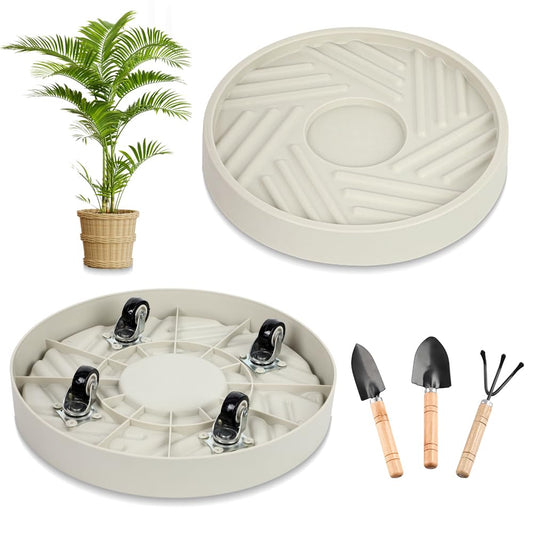 UoeRing 2 Pcs Plant Caddy with Hidden Wheels （1 10" and 1 11"） Heavy Duty Rolling Plant Stand, Indoor Outdoor Plant Saucer Tray with $9.9 Garden Tools (Beige)