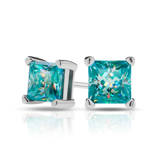 GIGAJEWE Blue Green Color Moissanite Stud Earrings 5mm Princess Cut Moissanite Earrings 1.6ct/pair,18K Gold Plated 925 Steling Silver, Stud Earrings For Women (Princess-cyan)