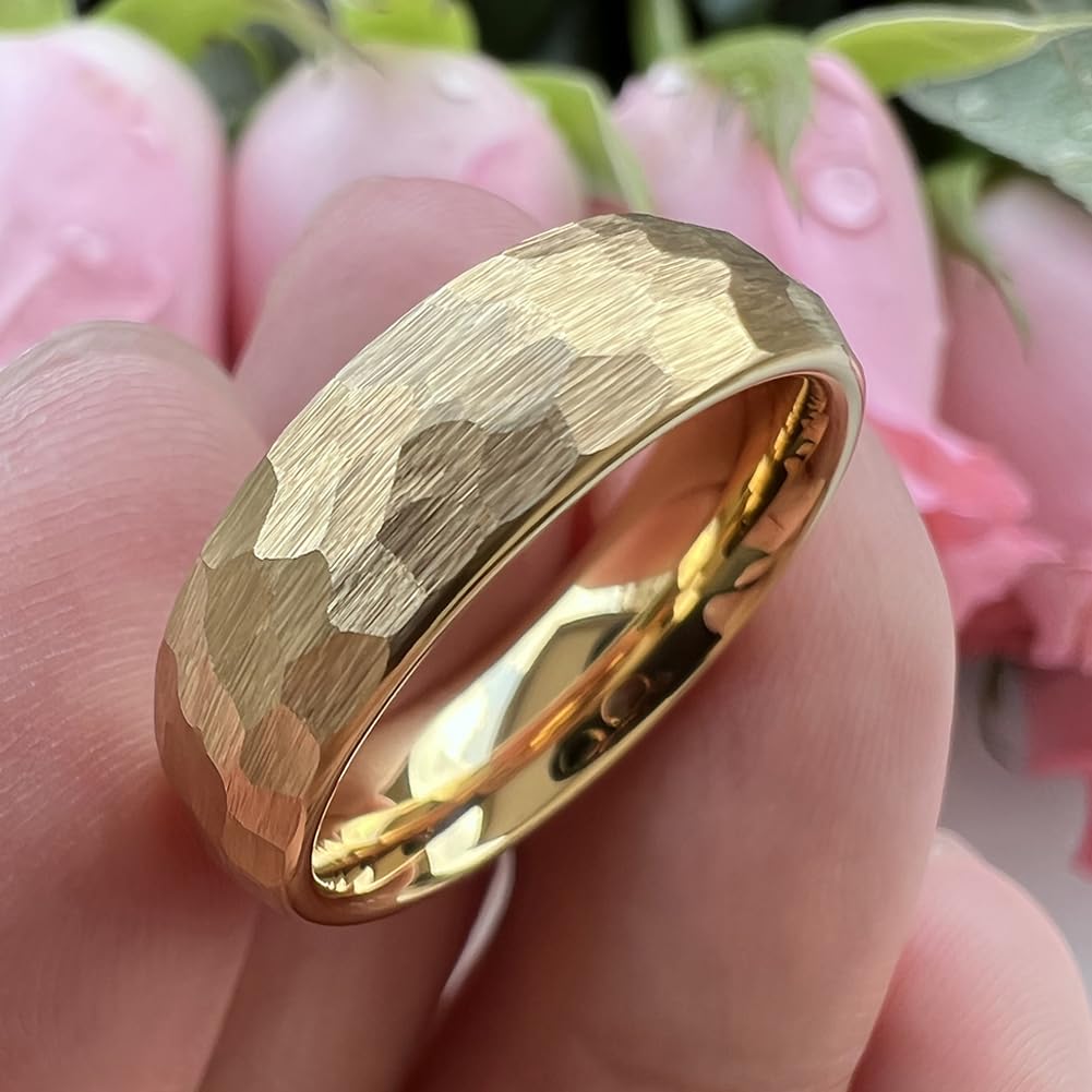 TUTISS 6mm Gold Hammered Tungsten Rings for Men Women Engagement Wedding Bands Domed I Love You Engraved Comfort Fit Size 9