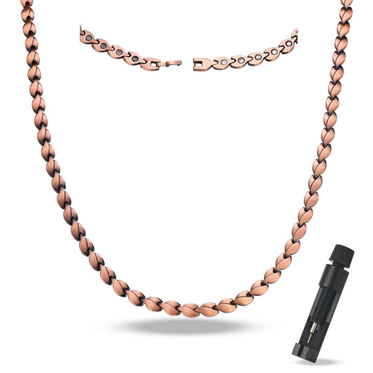 MagEnergy Copper Necklace for Men Women, Magnetic Necklace with 3500 Gauss Ultra Strength Neodymium Magnets, Adjustable Magnetic Jewelry with Sizing Tool (Copper-Leaf)