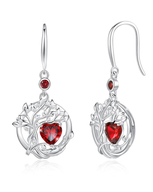 FANCIME Tree of Life Earrings 925 Sterling Silver Dainty Red Garnet Dangle Drop Gemstone Earring January Birthstone Fine Jewelry Birthday Mothers Day Gifts for Wife Her Women