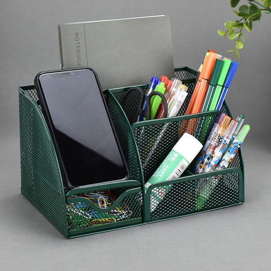 UNVARYSAM Green Desk Organizer Mesh Drawer Storage Accessories with 6 Compartments and Drawer, Desktop Caddy Storing Stationery Trinkets Cosmetics Jewelry Electronic Gadgets for Workspace Classsroom