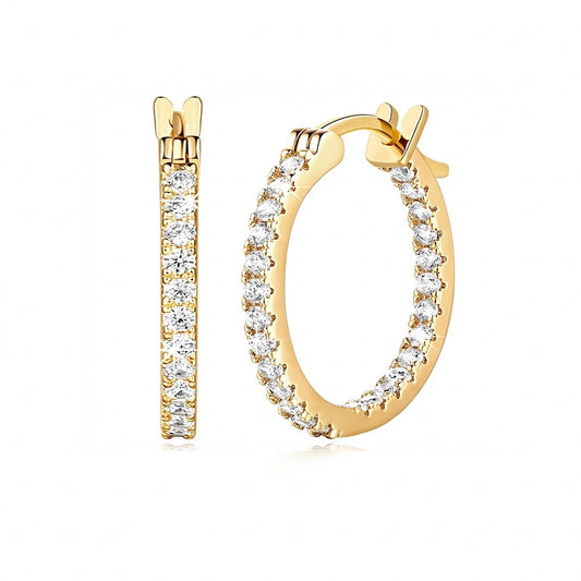 Suiune 14K Yellow Gold Hoop Earrings for Women, Hypoallergenic Dual-Sided Cubic Zirconia Hinged Hoops Jewelry for Woman, 2mm x 15mm