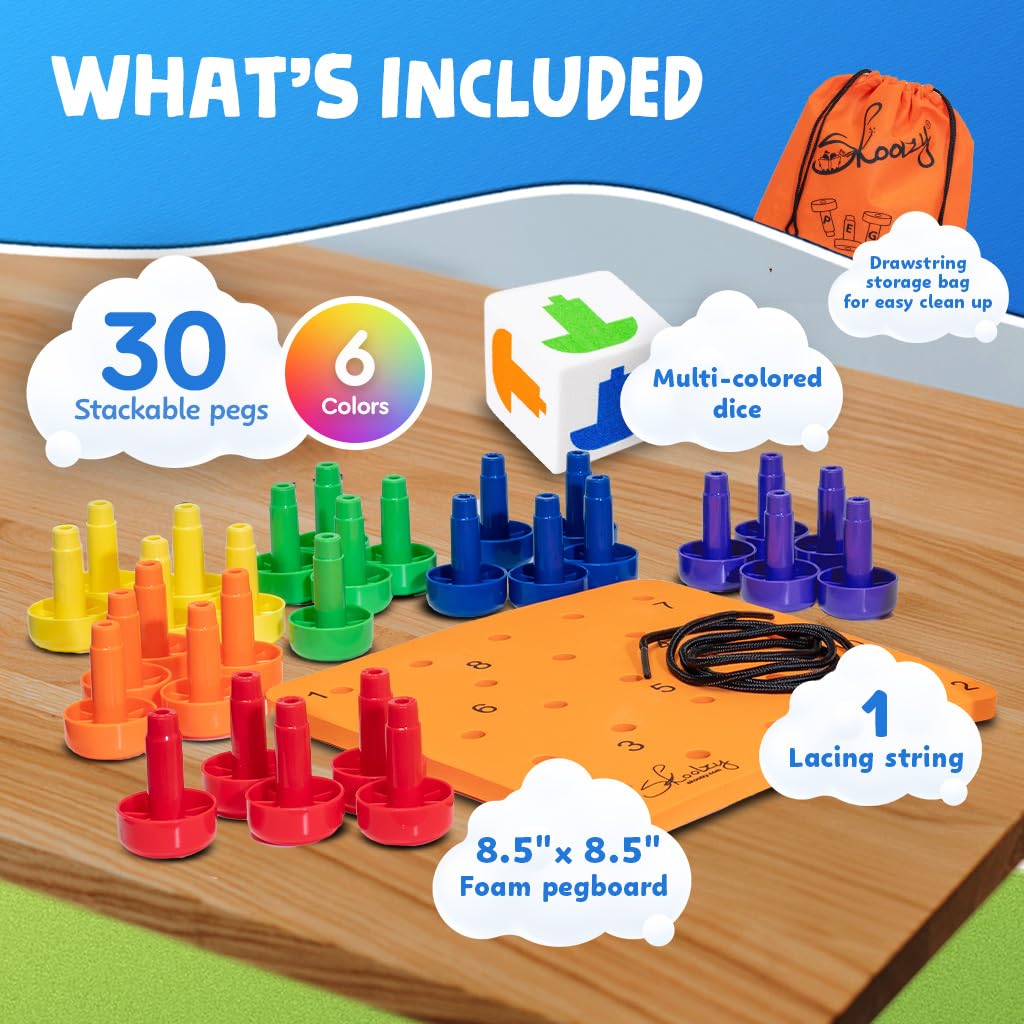 Skoolzy Peg Board Set - Montessori Toys for 2 Year Old - 33 Pc Peg Board for Kids - Occupational Therapy Toys with Pegs, Dice, Lacing String & Storage Bag - Montessori Toys for 2+ Year Old