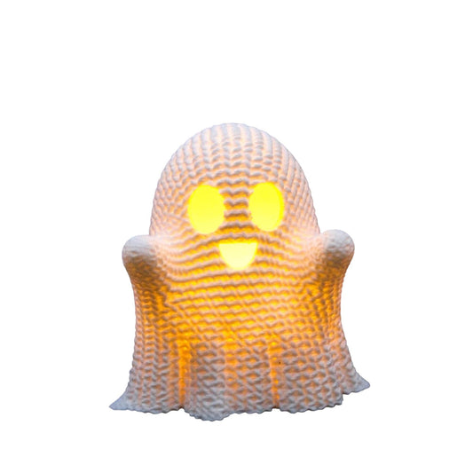 Charming Crocheted Ghost with LED Tea Light – Cute Halloween Ghost Decor – Spooky Crochet Ghost Table Centerpiece – Light Up 3D Printed Decoration for Home and Party Decor