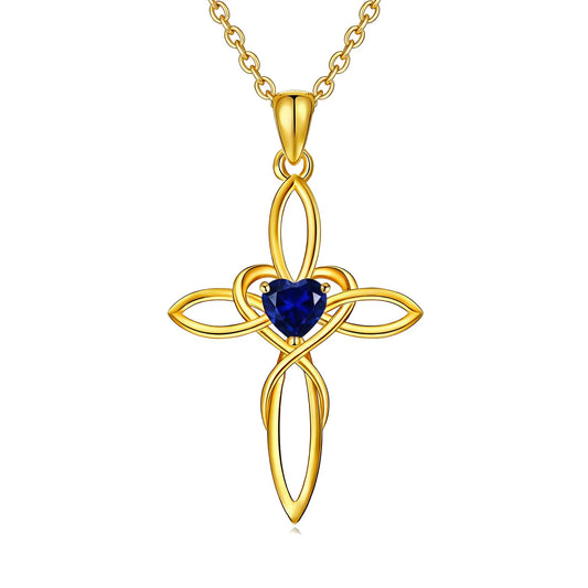POIUY 14K Gold Celtic Knot Cross Birthstone Necklace for Women Irish Infinity Baptism Faith Heart Pendant Cross Jewelry Anniversary Valentines Birthday Mothers Day Gifts for Mom Wife Her