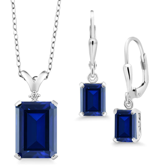 Gem Stone King 9-13 Cttw Pendant and Earrings Jewelry Set For Women | Emerald Cut 14X10MM and 8X6MM | Round 1.5MM | Gemstone Birthstone and Diamond | 925 Sterling Silver | 18 Inch Silver Chain