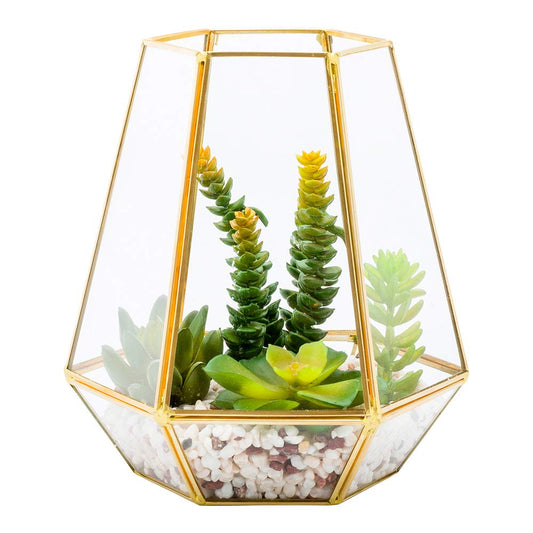 Restaurantware-7 x 6.5 x 8 Inch Faux Succulent, 1 Artificial Succulent - In Hexagonal Glass Terrarium, Use As Table Or Shelf Decor, Centerpiece, Bronze Plastic Fake Desk Plant, Geometric