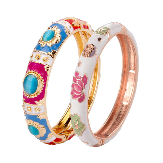 UJOY Vintage Cloisonne Jewelry Bracelet Plated Handmade Bead Rhinestones Enamel Spring Cuff Bangles 2 Pcs Set for Womens Gift 7735-55A35 Pink White