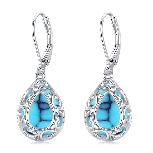 KoyeKei Filigree Turquoise Leverback Earrings for Women 925 Sterling Silver Turquoise Teardrop Dangle Drop Earrings Filigree Jewelry Birthday Graduation Gifts for Lover Her Best Friend