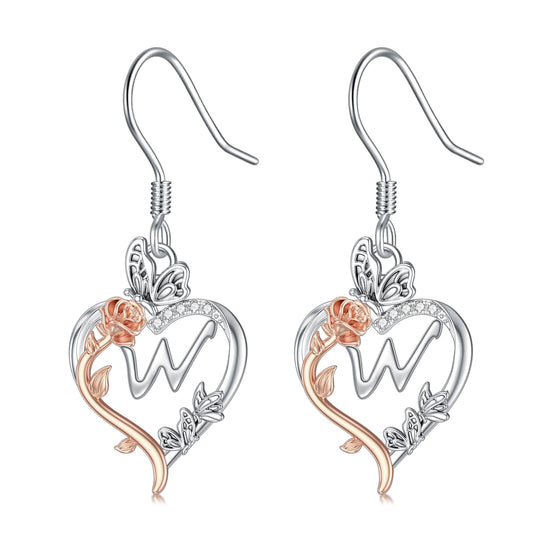 TOUPOP Rose Heart Initial Earrings Sterling Silver Butterfly Earring Initial W Letter Drop Dangle Earrings Jewelry Anniversary Birthday Mothers Day Gifts for Women Mom Wife Girlfriend Her