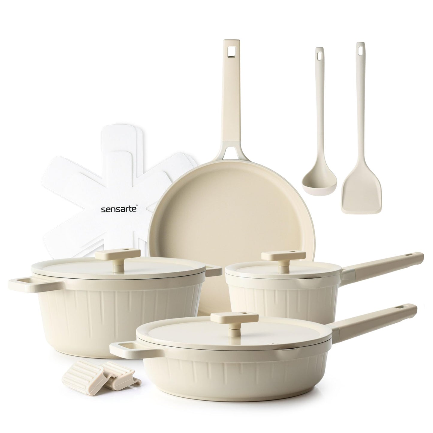 SENSARTE Ceramic Cookware Set Non-toxic 14 Pcs, Nonstick Pots and Pans Set, Dishwasher Safe Induction Cookware, Healthy Kitchen Cooking Set w/Die-cast Lids, PFOA/PFAS/PTFE Free