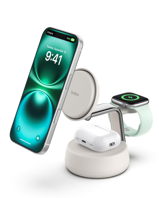 Belkin MagSafe Charger Compatible, 3-in-1 Charging Station, Qi2.2 25W w/Cooling Fan (On/Off Control) Magnetic Wireless Charger for iPhone 17, Apple Watch, AirPods, Pixel 10 (45W Adapter Included)