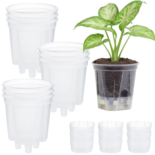 OMISTAR 9 PCS Self-Watering Pot with Reservoir, Clear Plastic Plant Pots with Air and Drainage Holes, Indoor and Outdoor Flower Planters for Home Office, Healthy Root Growth