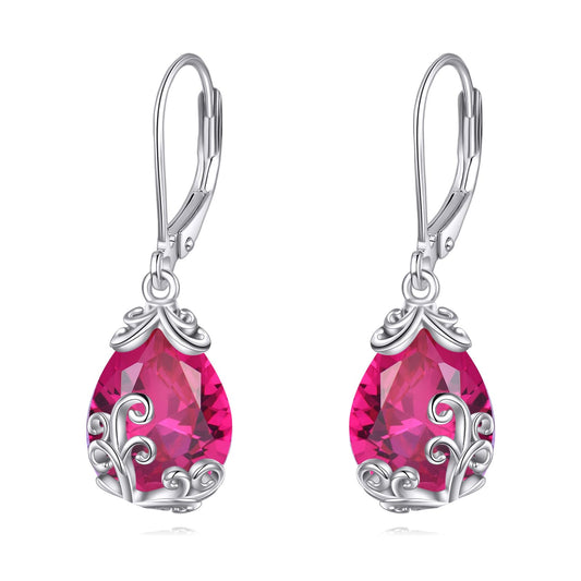 POPLYKE BirthStone Filigree Teardrop Drop Earrings Sterling Silver Ruby Leverback Earrings July Birthstone Dangle Jewelry Gifts for Women
