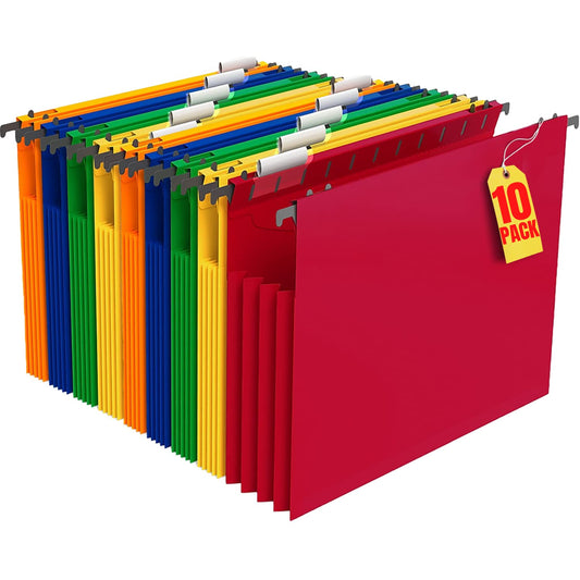1InTheOffice Hanging File Folder, Hanging File Pocket, Expandable Hanging File Folder, Letter Size, Assorted Color, 10 Pack (10)