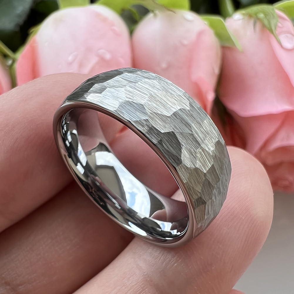 TUTISS 8mm Hammered Tungsten Rings for Men Women Fashion Engagement Wedding Bands Domed Matte Finish Comfort Fit Size 14