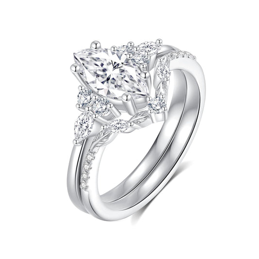 Jaransheti Marquise Cut Moissanite Engagement Ring Set For Women 18 K White Glod Plated S925 Sterling Silver Moissanite Wedding Band and Ring Set Vintage Ring Jewelry Gift(S9)