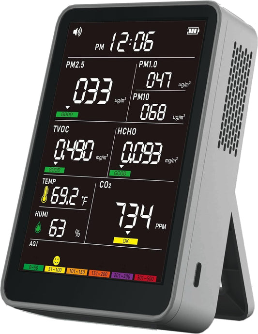 Professional Indoor Air Quality Monitor with AQI, Portable Real-Time Detector for Home Cars Plants and Pets