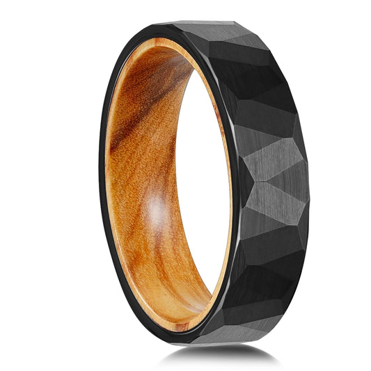 JEWPER 2/4/6/8mm Black/silver/gold Tungsten Rings for Men Womens Couple Fashion Jewelry Promise Engagement Wedding Band Hammered Inner ring inlaid with olive wood Carbide Polished Edge Comfort Fit