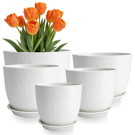 GARDIFE Plant Pots 10/9/8/7.5/7 Inch Plant Pots, Set of 5 Plastic Planters with Drainage Holes and Saucers,Plastic Flower Pots,Nursery Planting Pot for Indoor Out Door Plants (White)