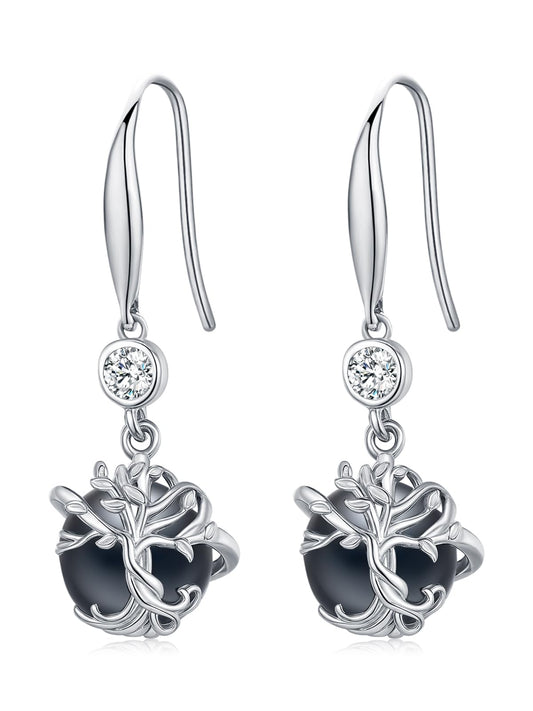 KANNSOAR Tree of Life Tahitian Black Pearl Drop Earrings, 9mm Pearl, 18K White Gold Plated Sterling Silver with Zircon Tahitian Jewelry Gift for Women Wife Mom Girlfriend Her