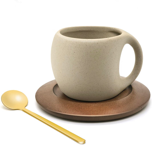 Ceramic Coffee Mug Set with Natural Wood Saucer & Spoon - 8.5 Oz Elegant Tea Cups for Latte, Hot Tea, Cappuccino, Milk - Microwave & Dishwasher Safe Cups for Men Women Birthday Christmas Gifts