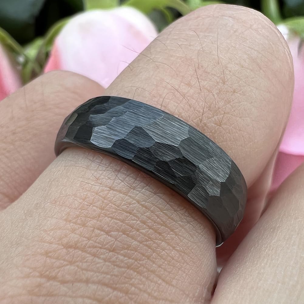 TUTISS 6mm Black Hammered Tungsten Carbide Rings for Men Women Engagement Wedding Bands Domed I Love You Engraved Comfort Fit Size 5