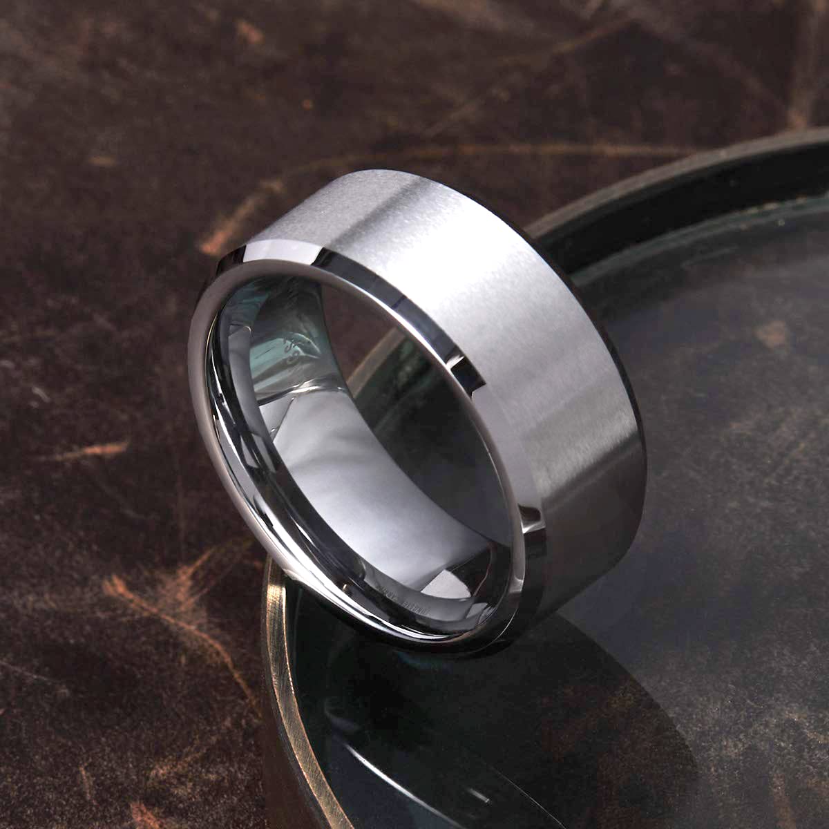 King Will 8mm Men's Silver Wedding Ring - Brushed Matte Surface, Beveled Polished Edge, Comfort Fit Size 8